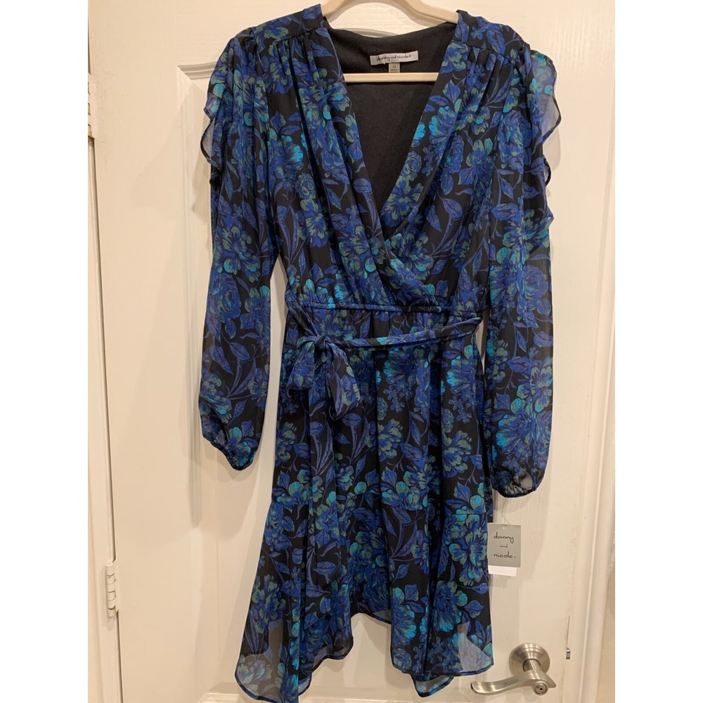 Danny & Nicole Floral V Neck Chiffon Belted Dress Size 12‎ Blue Green